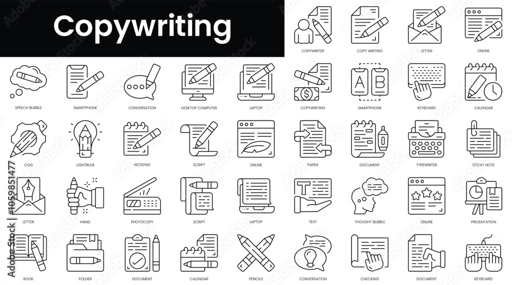 Poster set of outline copywriting icons. minimalist thin linear web icon set. vector illustration.