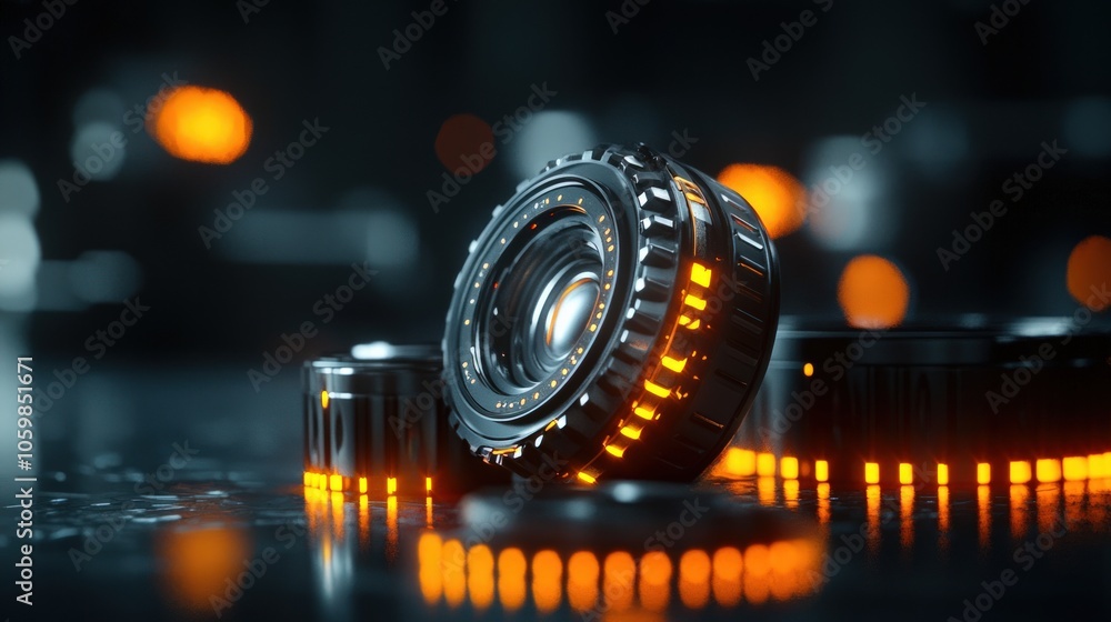 Poster futuristic lens mechanism with illuminated details in a high-tech environment