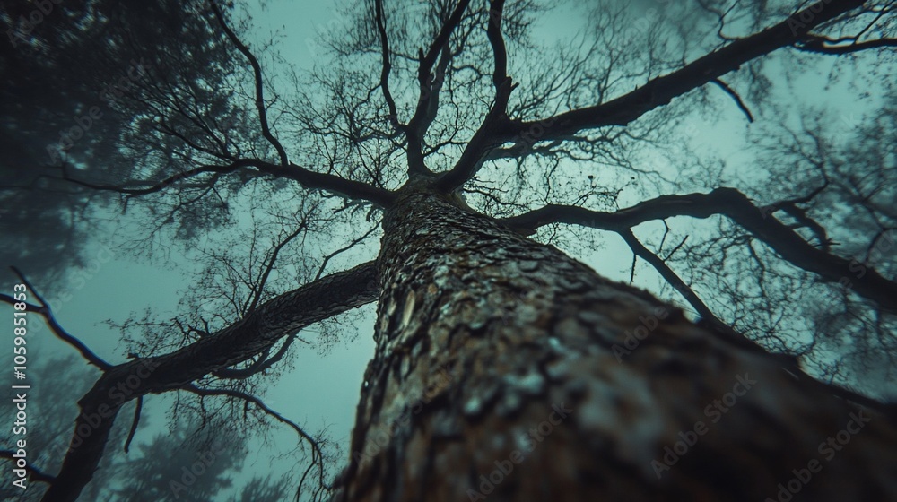 Poster Low angle view of a tall tree with bare branches reaching up into a foggy sky.