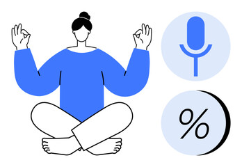 Calm woman sitting cross-legged with hands in zen pose, microphone and percentage symbols in circles. Ideal for mindfulness apps, podcast covers, meditation guides, relaxation content, wellness