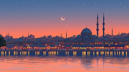 Fototapeta premium Nighttime Cityscape with Mosques and Starry Sky