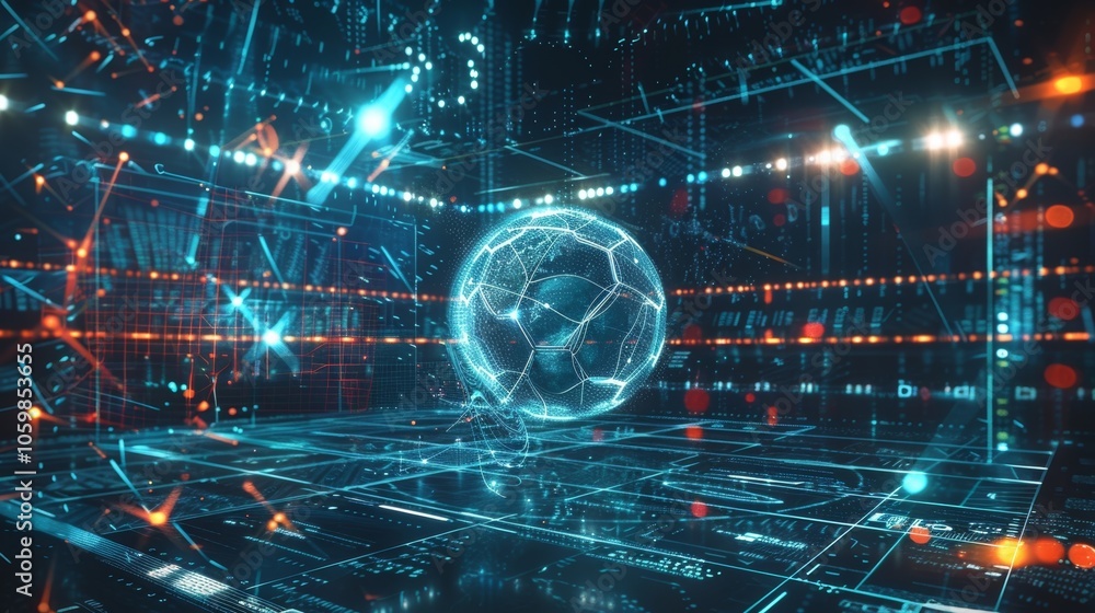 Poster hologram of soccer ball rotating in futuristic cyberspace environment with glowing lines and data, r