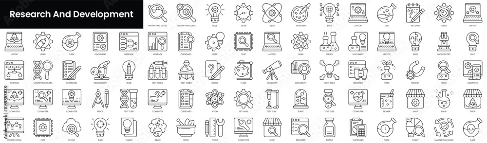 Poster set of outline research and development icons. minimalist thin linear web icons bundle. vector illus