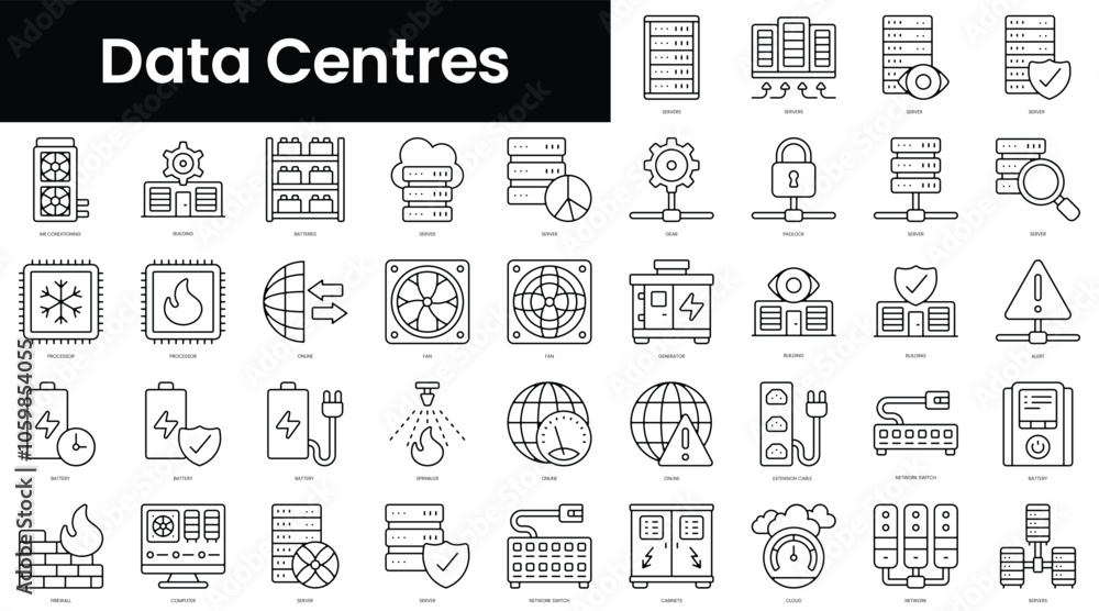 Poster set of outline data centres icons. minimalist thin linear web icons bundle. vector illustration.