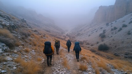 Obraz premium Hikers traverse a narrow trail through a fog-covered valley, surrounded by rocky cliffs and sparse vegetation, during an early morning adventure.