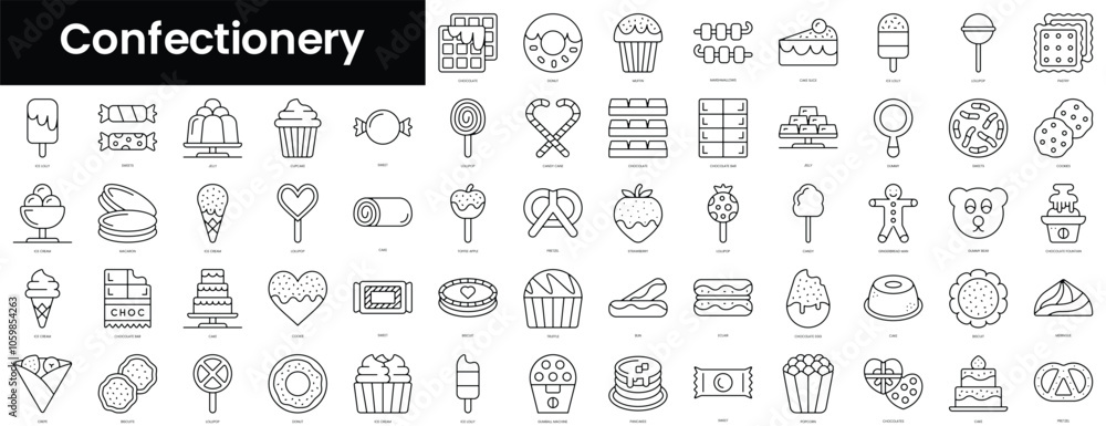 Poster set of outline confectionery icons. minimalist thin linear web icons bundle. vector illustration.