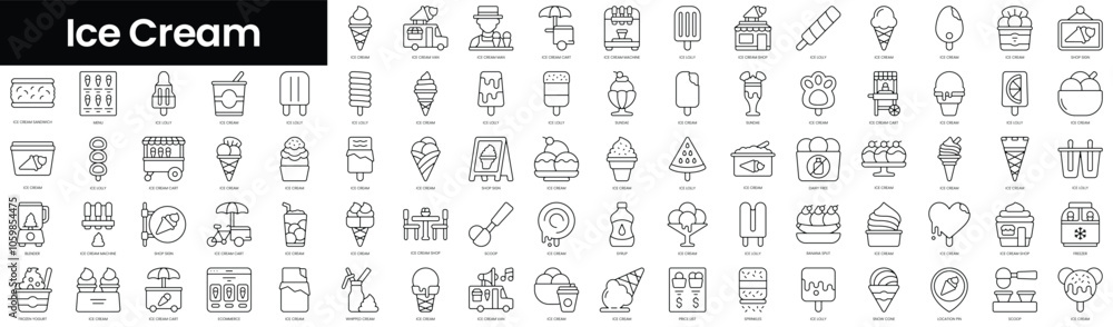 Poster set of outline ice cream icons. minimalist thin linear web icons bundle. vector illustration.