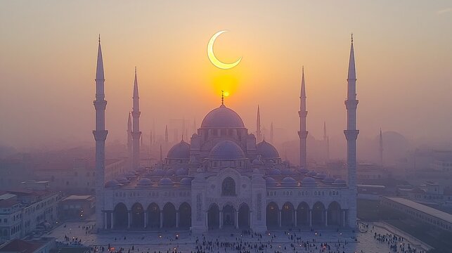 Mosque at Sunset with Crescent Moon