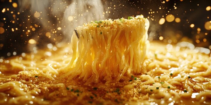a close up of a pasta dish with a spi