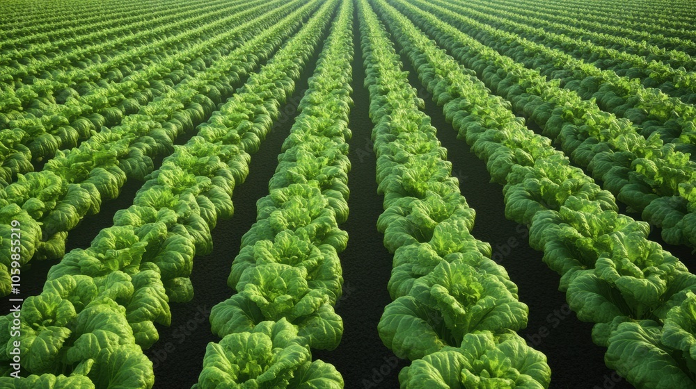 Poster rows of vibrant lettuce, fragrant dill, and aromatic basil thrive in a lush green field bathed in wa