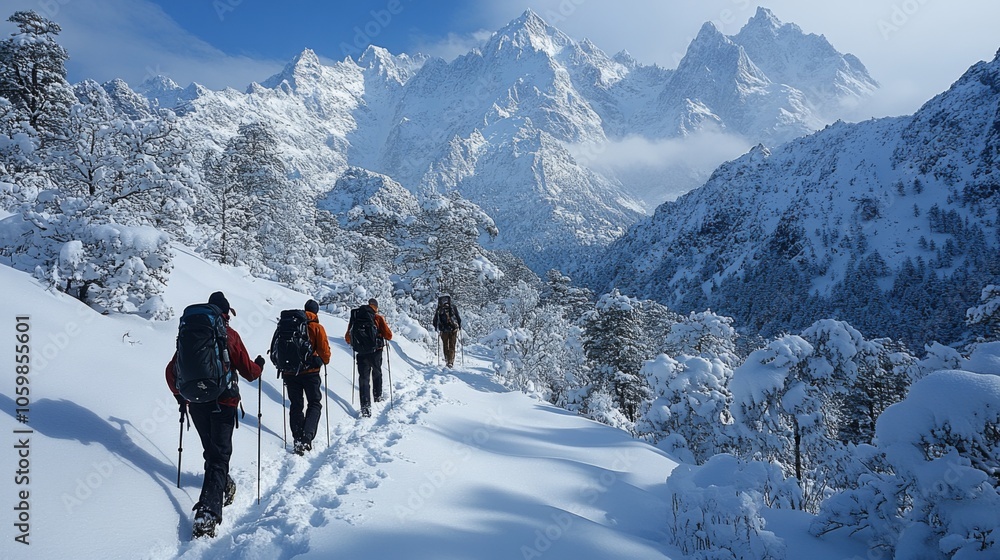 Poster a group of hikers makes their way along a snow-covered path in a stunning mountainous area, surround