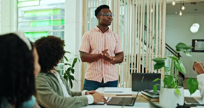 Business man, team and presentation for coaching, training or profit growth in creative startup. Presenter, happy manager or learning in office meeting for public relations, press release or proposal