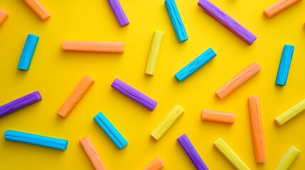 Colorful modeling clay pieces scattered on a bright yellow background.