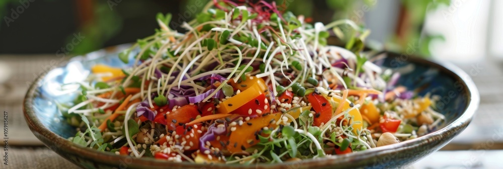 Poster a colorful salad with a generous scoop of buckwheat sprouts on top adding texture and a nutty flavor
