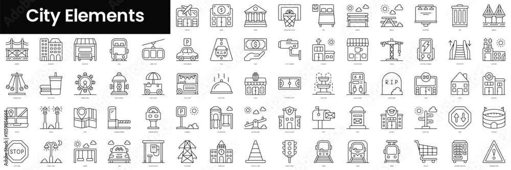 Poster set of outline city elements icons. minimalist thin linear web icons bundle. vector illustration.