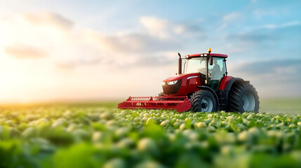 Fototapeta premium Tractor working in a green field