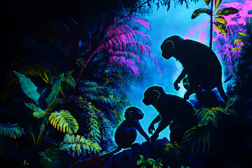A vivid neon depiction of a marmoset family in a tropical rainforest environment, set against a black background --ar 3:2 --s 50.