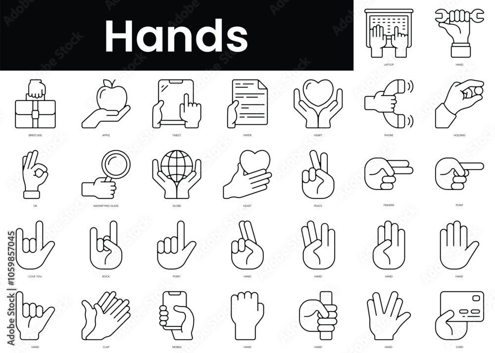 Poster set of outline hands icons. minimalist thin linear web icons bundle. vector illustration.