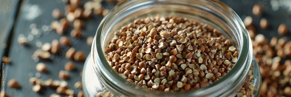 Poster a jar of buckwheat kernels each one a tiny hard shell enclosing the nutritious powerhouse inside.