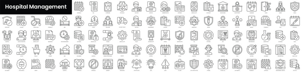 Naklejka premium Set of outline hospital management icons. Minimalist thin linear web icons bundle. vector illustration.
