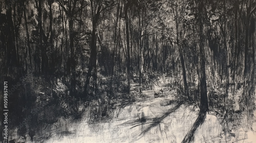 Poster a dense forest filled with intricately detailed trees, showcasing vivid shadows and a serene atmosph