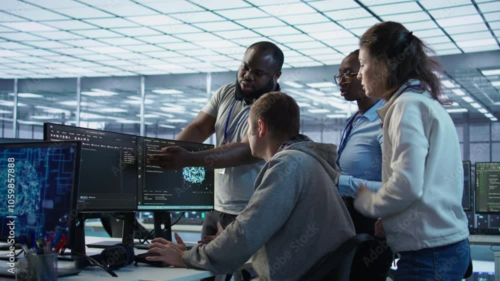 Poster technician doing brainstorming with colleagues to fix error in code affecting server room ai workloa