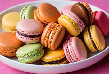 Sweet Indulgence: A Plate of Colorful Macarons. Ai generated image