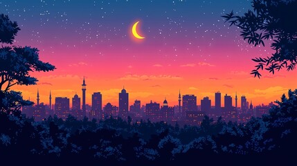 Silhouetted Cityscape Under a Starry Night