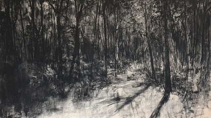 Obraz premium A dense forest filled with intricately detailed trees, showcasing vivid shadows and a serene atmosphere. Generative AI