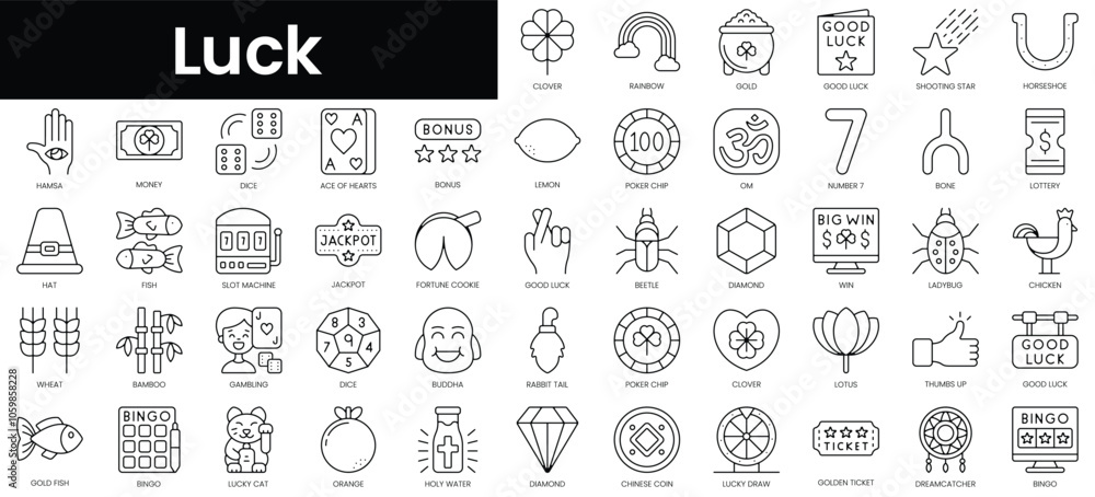 Poster set of outline luck icons. minimalist thin linear web icons bundle. vector illustration.