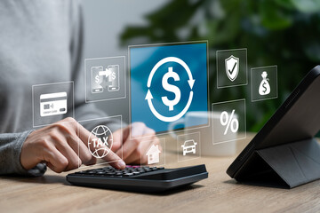 Finance and Budget Management cost control concept,Women Calculate expenses financial planning,...