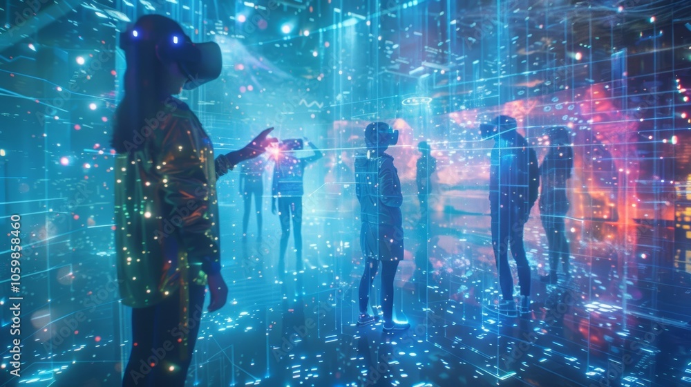 Poster a group of friends gather in a virtual world to participate in a virtual scavenger hunt searching fo
