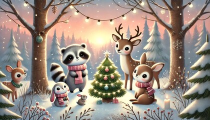 Naklejka premium Heartwarming Gathering of Woodland Animals Around a Tiny Christmas Tree in a Soft, Snowy Forest at Sunset