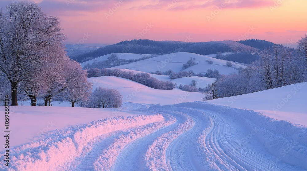 Poster a serene winter landscape features a curving road blanketed in fresh snow, flanked by frost-laden tr