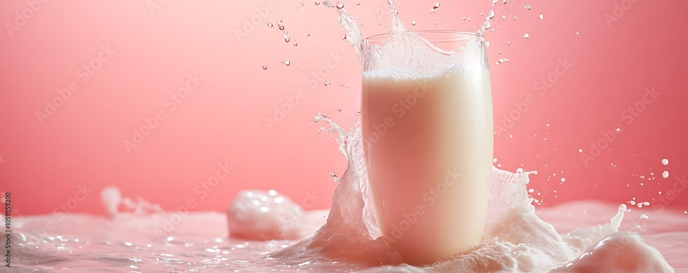 Poster a glass of milk splashes against a soft pink background, creating a dynamic visual effect.
