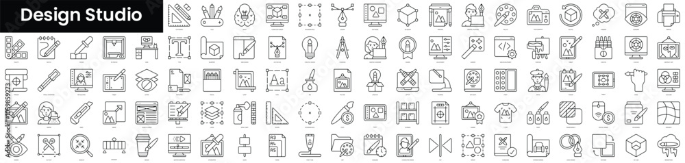 Poster set of outline design studio icons. minimalist thin linear web icons bundle. vector illustration.