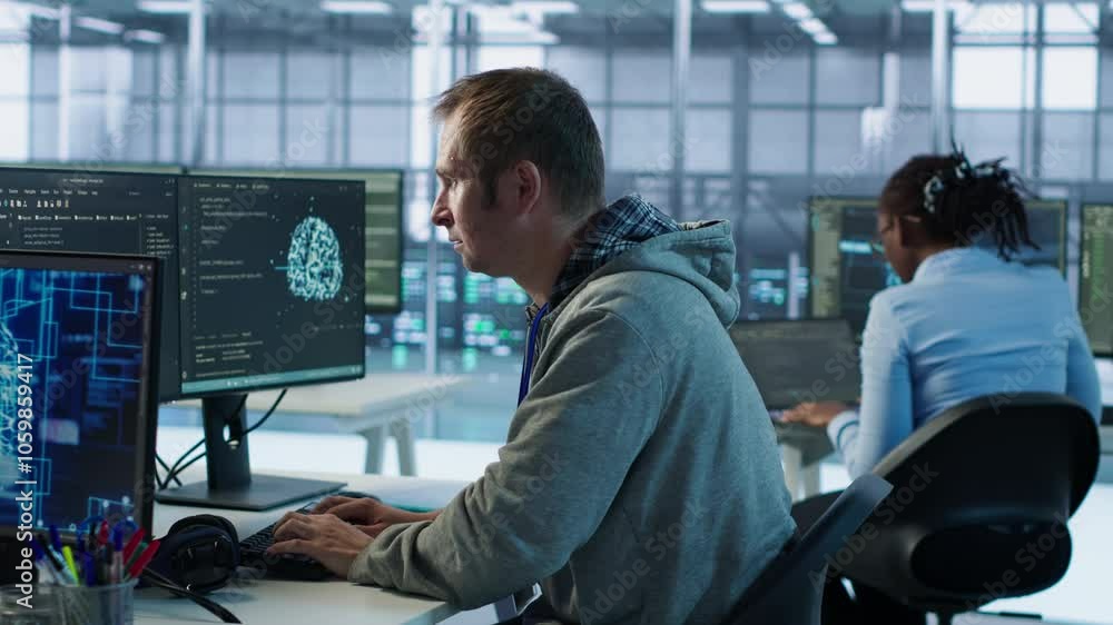 Poster engineer calling colleagues after finding error in code while doing checkup on server room used for 