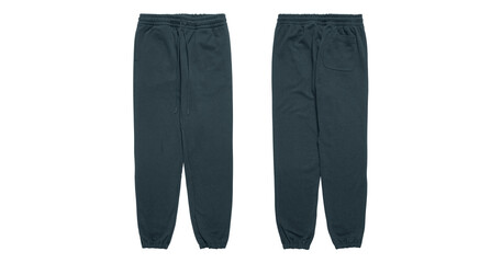 Dark blue sweatpants with drawstring and back pocket.