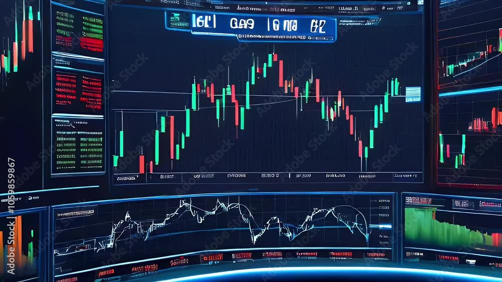Poster multiple screens with financial charts and graphs display stock market data and trading information.