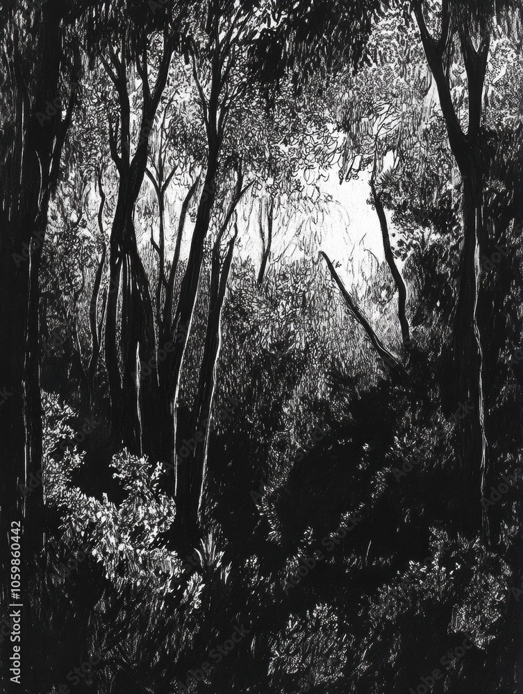 Poster a detailed black ink sketch reveals a dense forest with intricate trees and soft shadows, evoking a 