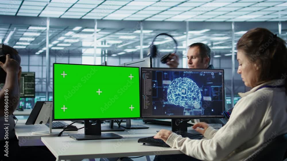 Poster it support workers in ai data center coding on green screen computers, upgrading equipment. multieth