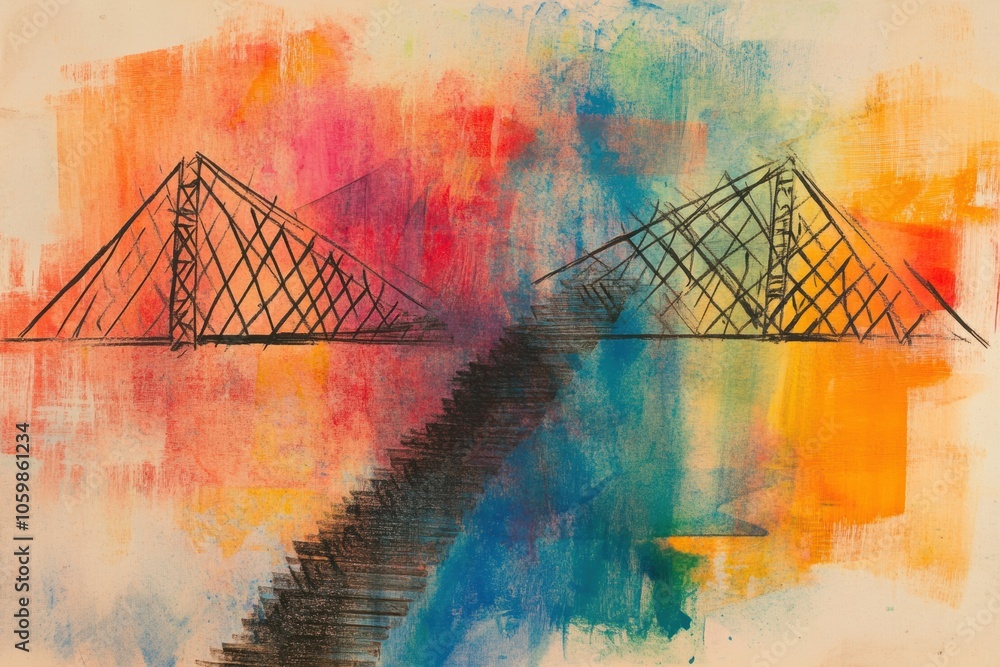 Poster the artwork depicts an abstract bridge bridging two colorful landscapes, featuring geometric lines a