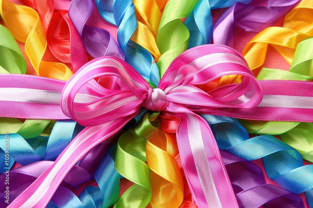 Poster a colorful bow made of ribbons is displayed in a rainbow pattern
