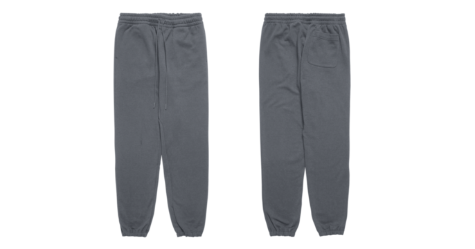 Gray dark sweatpants with drawstring and back pocket.