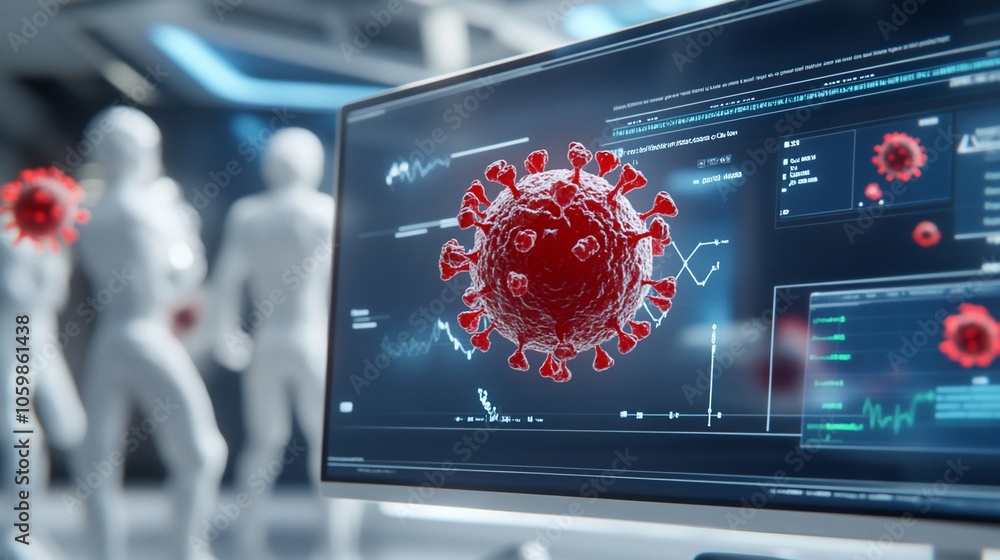 Aufkleber close-up of computer screen displaying a 3d model of a virus.