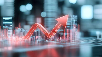 A dynamic red background features a 3D graph illustrating financial growth, with arrows indicating progress in sales and market success