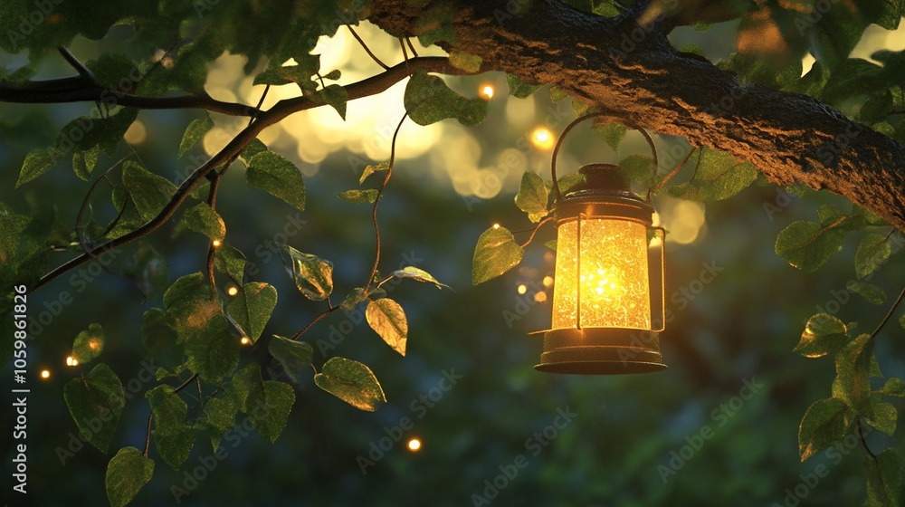 Poster a glowing lantern hangs from a tree branch with soft, blurred lights in the background, creating a m