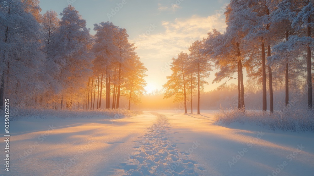 Poster the sun rises over a snowy landscape, casting a warm glow on the pristine white ground and highlight