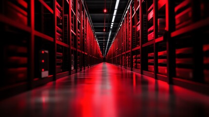 High-tech server room with red lighting and rows of data storage racks.