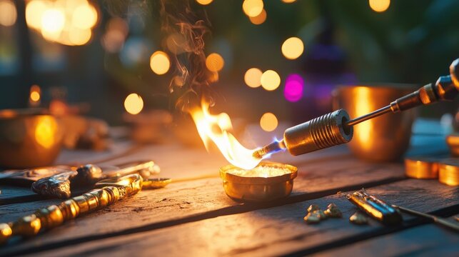 Traditional blowtorch heating gold a closeup view of artisanal craftsmanship in action